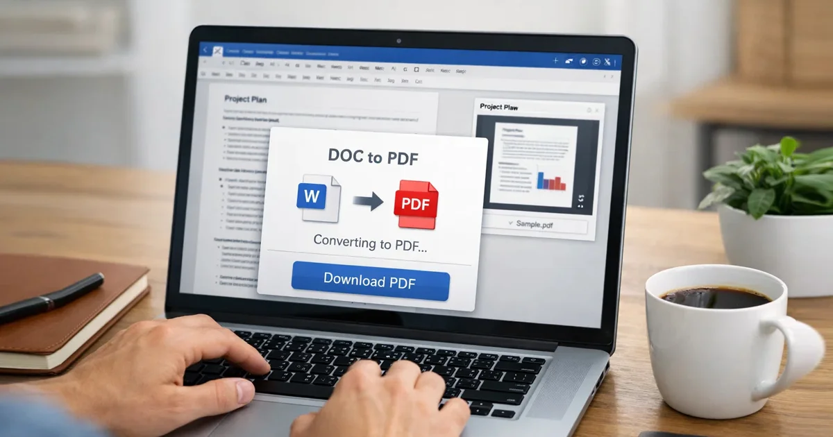 Person creating and converting documents and PDF files online using browser tools