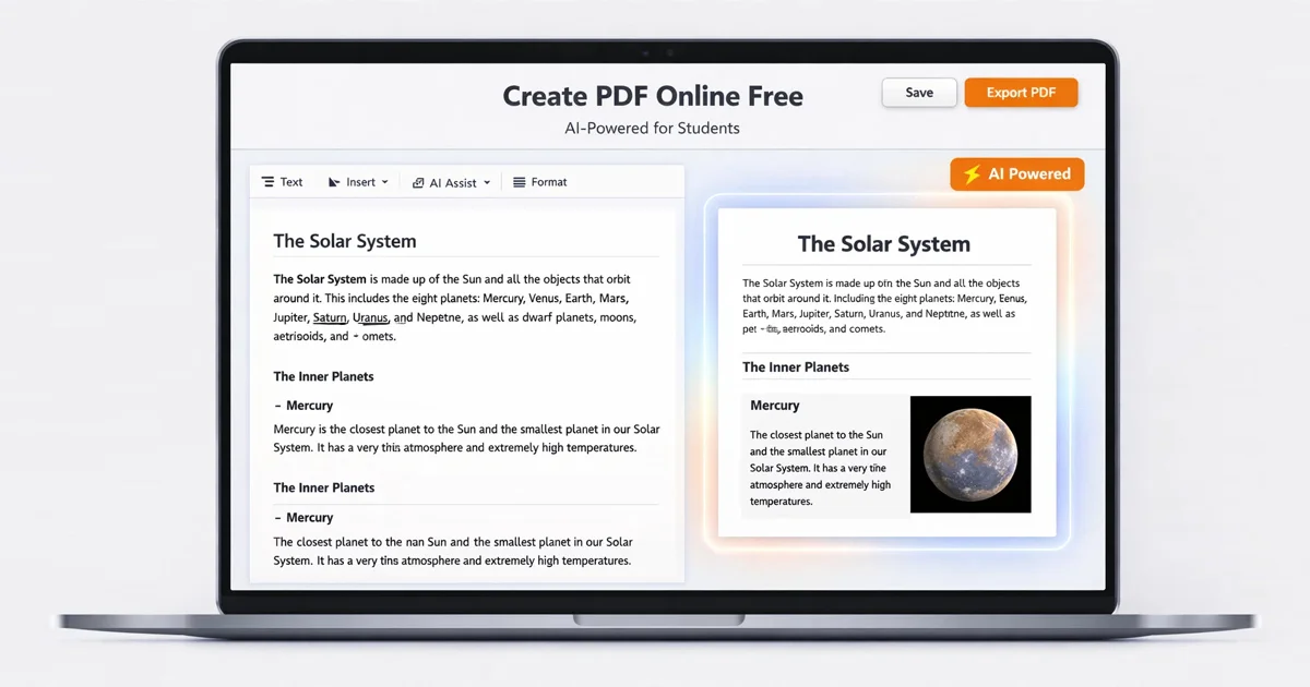 ai interface showing document editor and pdf preview for students creating pdf online free
