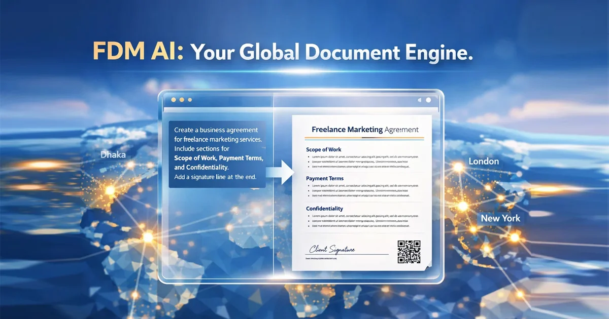 Featured image showing an AI prompt instantly transforming into a formatted professional PDF document, floating above a global network map, illustrating the FDM AI creation process.