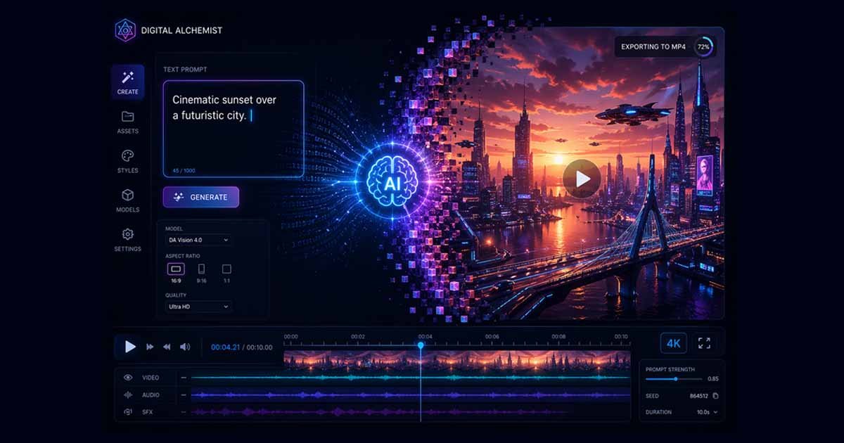 A high-quality 3D render of a laptop screen where text floating in the air is transforming into a vivid cinematic video scene, futuristic interface, neon glowing lights, professional photography, 4k, tech-style background.