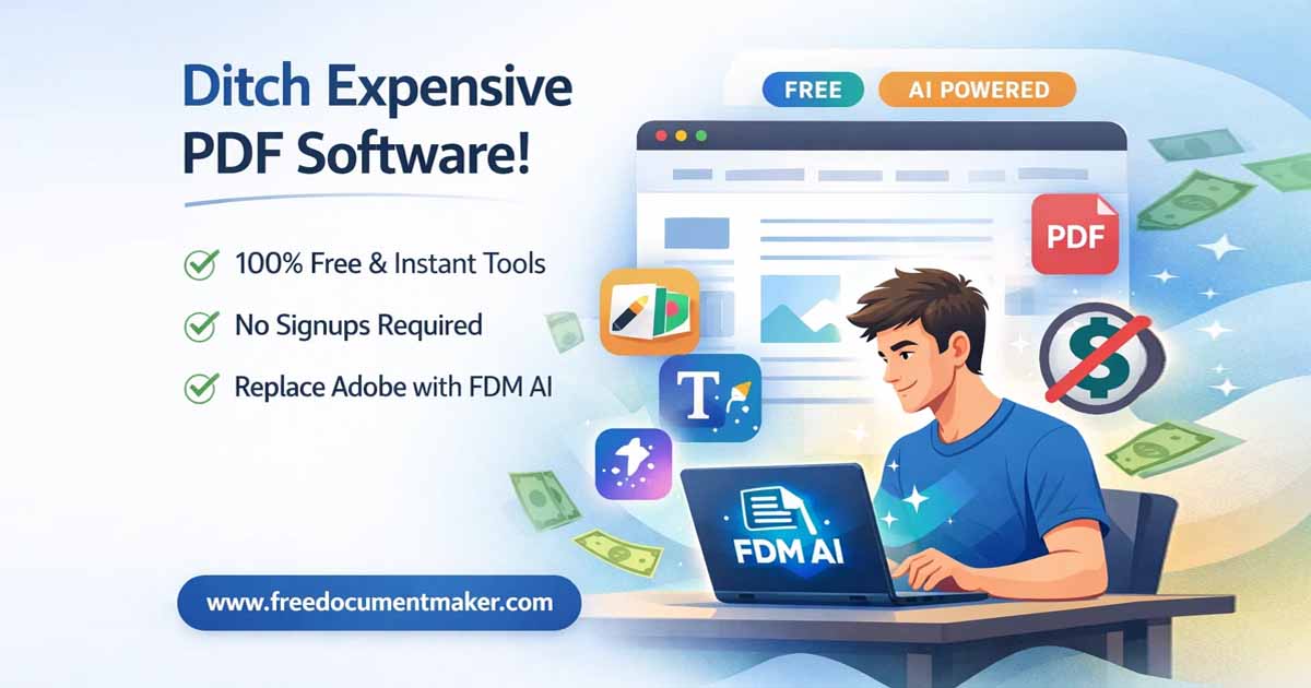 Illustration showing Free Document Maker FDM AI as a free alternative to expensive PDF software, highlighting instant PDF tools, no signup required, and replacing Adobe Acrobat.
