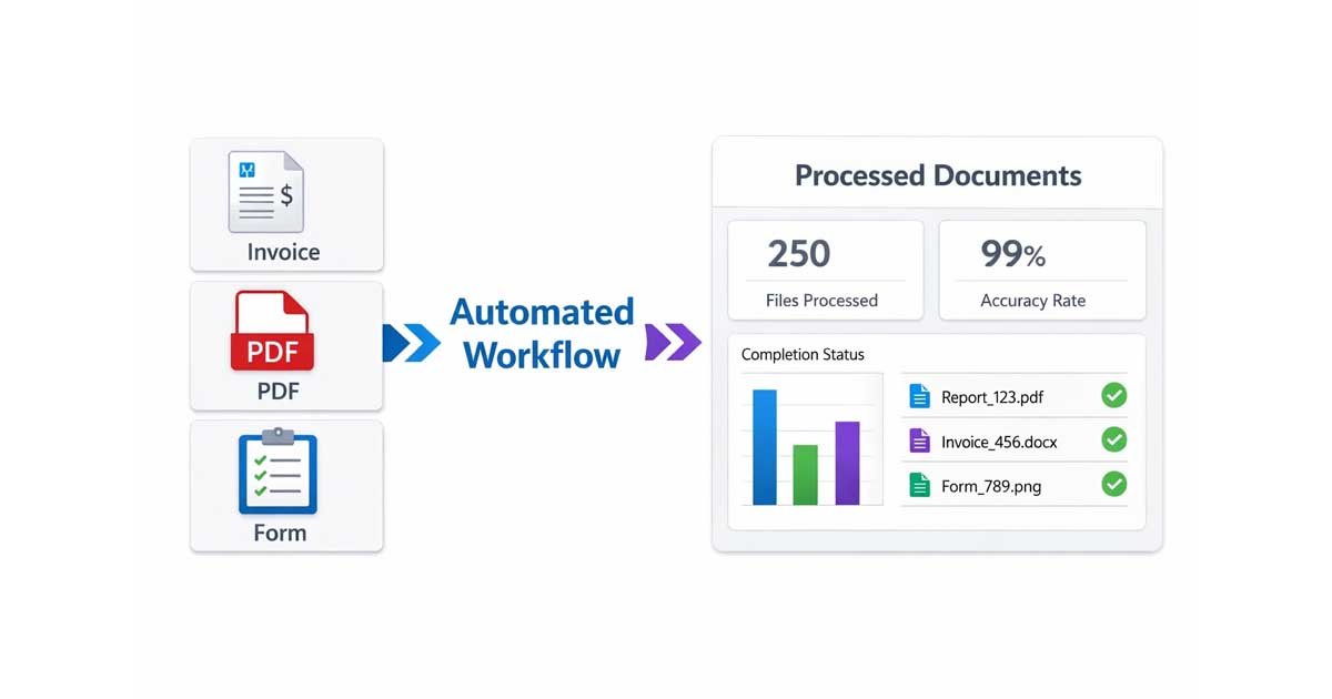 document automation tools workflow dashboard showing automated invoices and PDF processing
