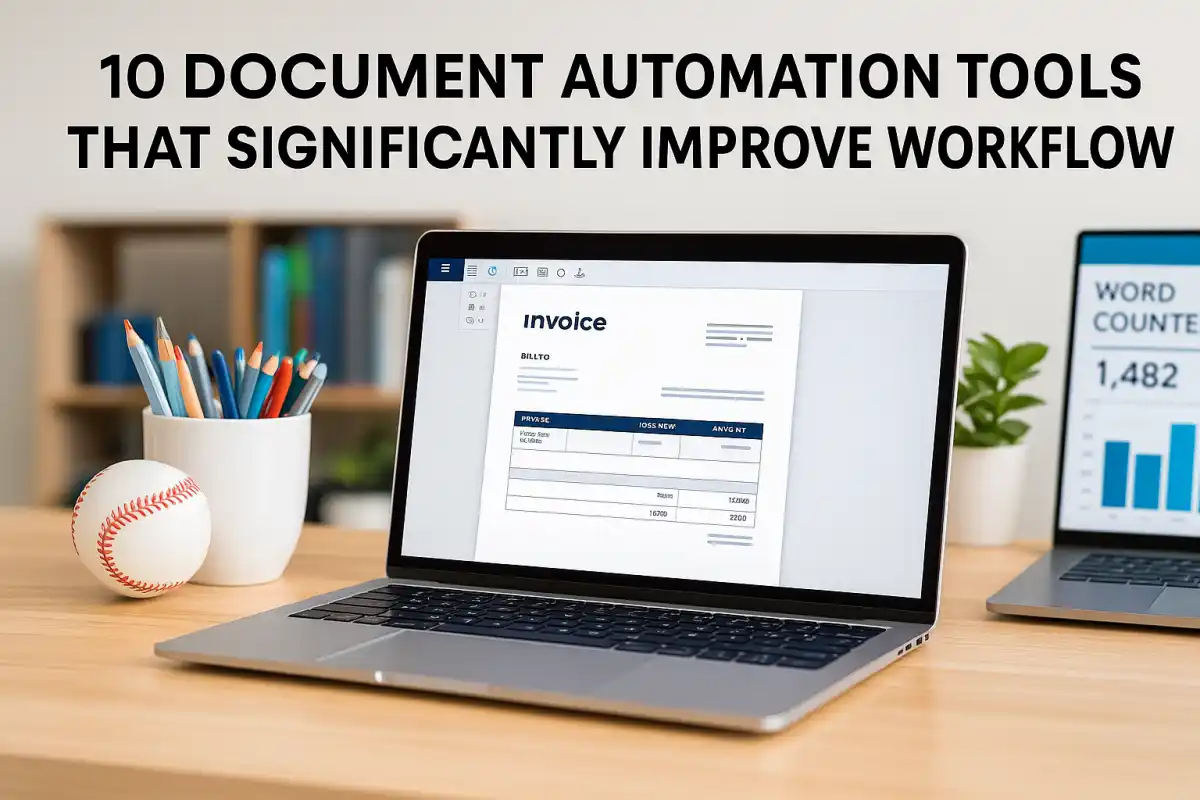 A modern workspace featuring a laptop displaying document automation software, symbolizing tools for PDF editing, invoice generation, and file conversion.