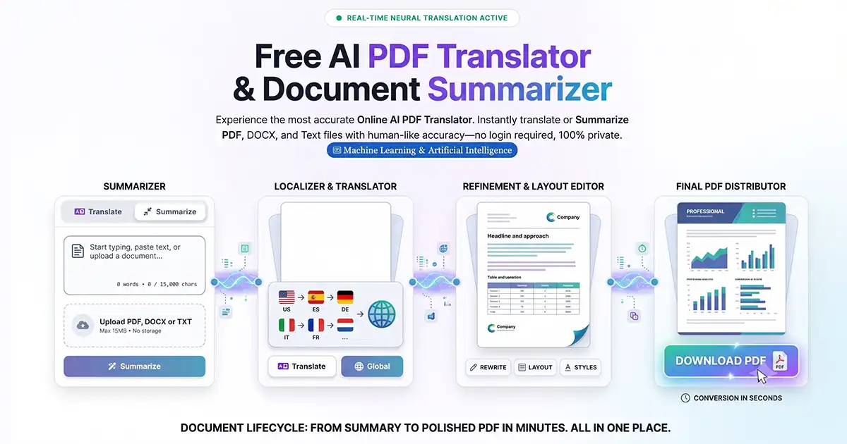 Infographic illustrating a step-by-step document management workflow from an initial AI document summary and translation to final layout editing and PDF download.