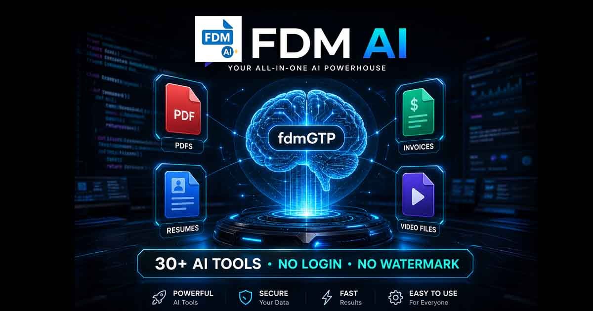 FDM AI 30+ tools dashboard showing fdmGTP powered document and media generators with no login and no watermarks.