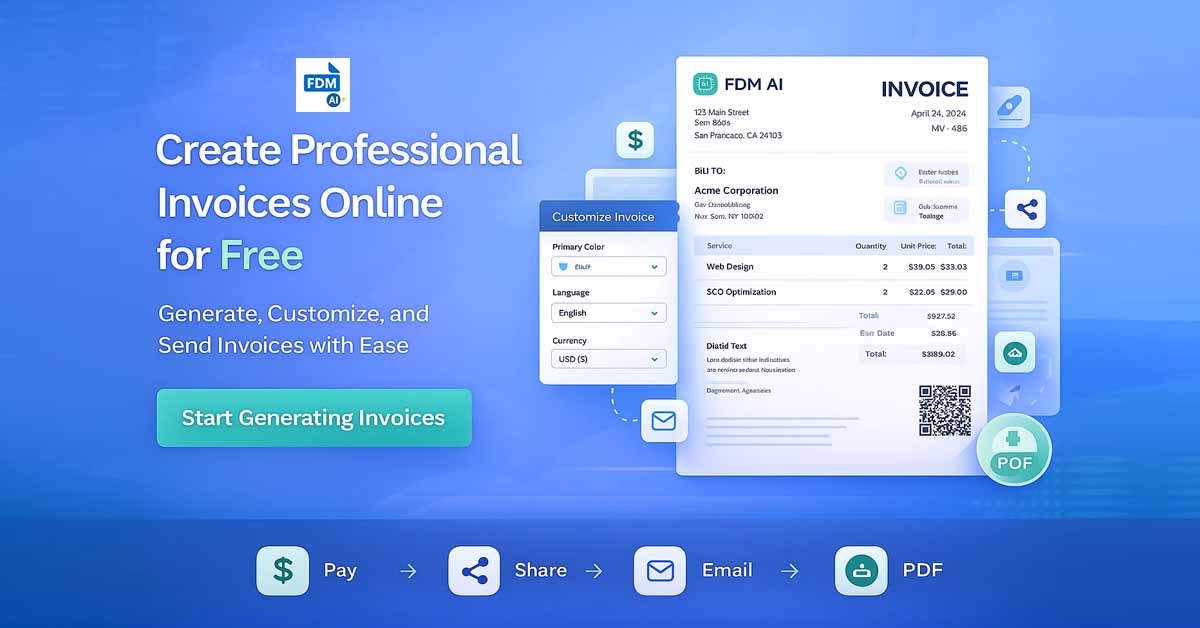 FDM AI Invoice Generator interface showing professional invoice creation, customization options, and PDF download