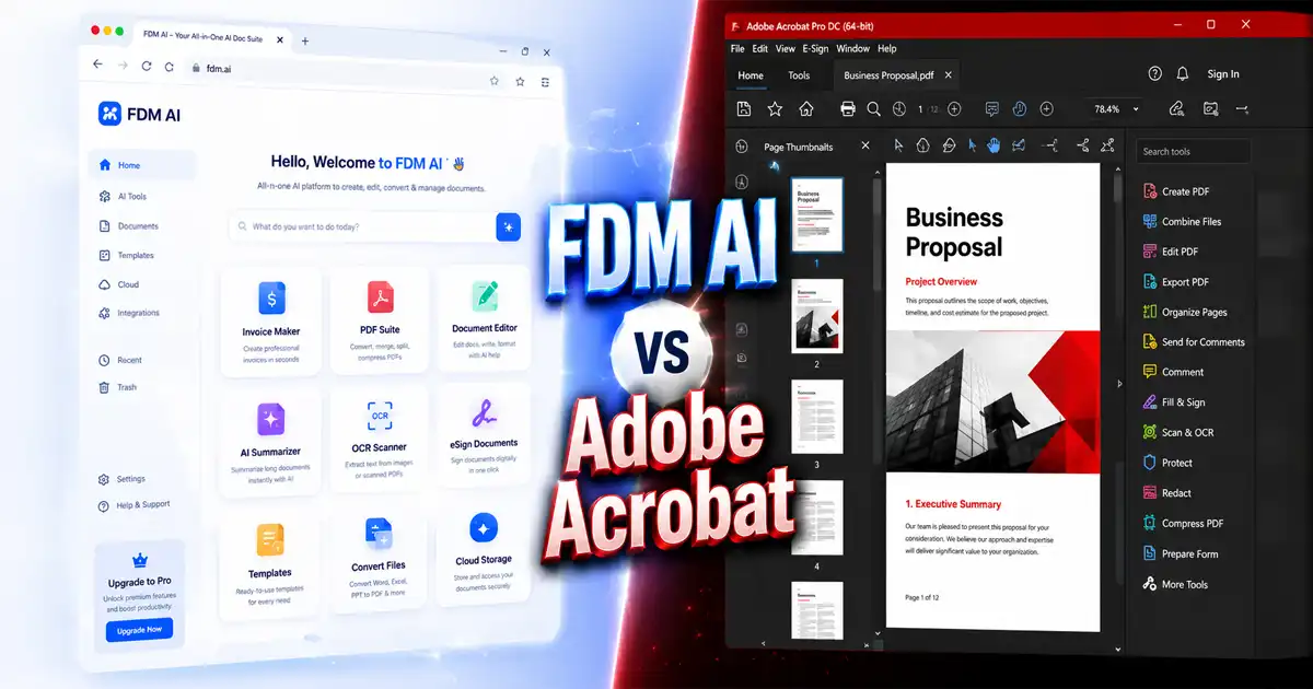 FDM AI vs Adobe Acrobat interface comparison: Clean browser-based app icons on the left vs a complex desktop PDF editor on the right.