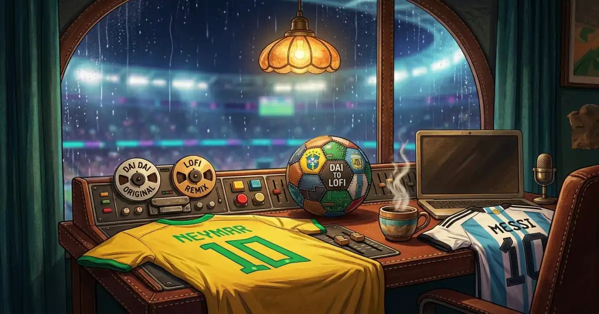 An illustrative view from a vintage broadcasting or recording studio, looking out through a large, arched window onto a rainy football stadium at night during a World Cup match.