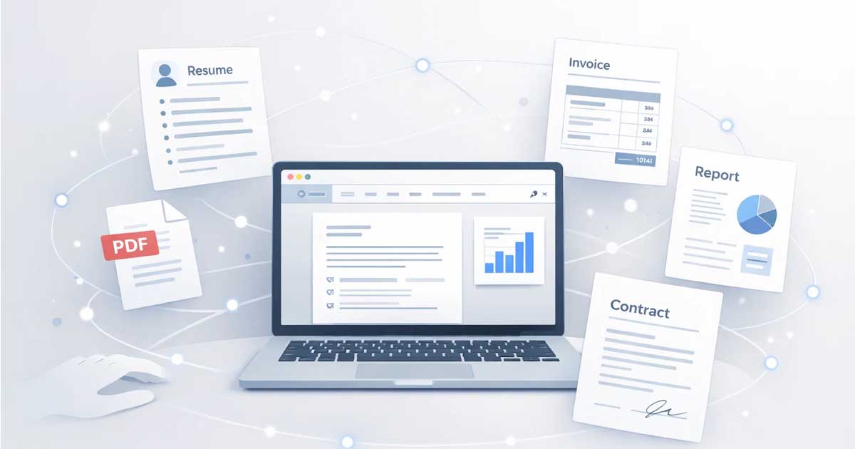 Browser-based free AI document creators showing resumes, invoices, reports, and PDFs for 2025–2026