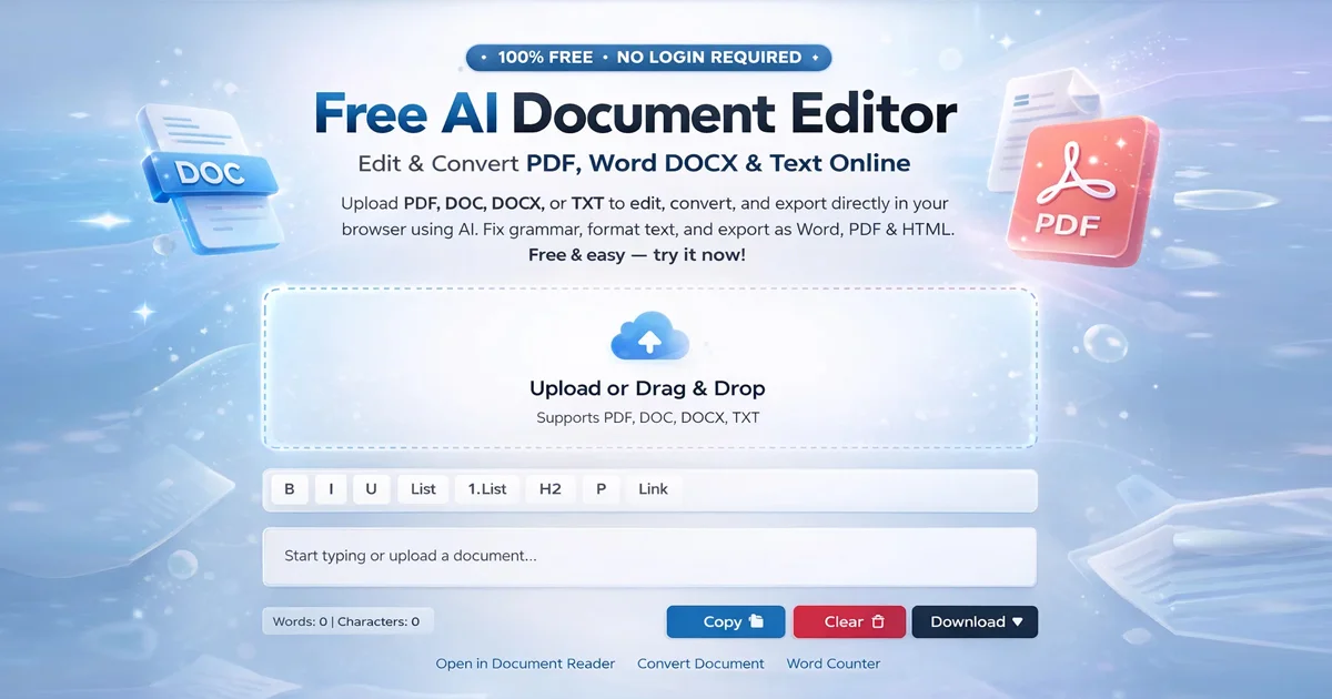 Free AI Document Editor editing PDF, DOCX and text files online without login