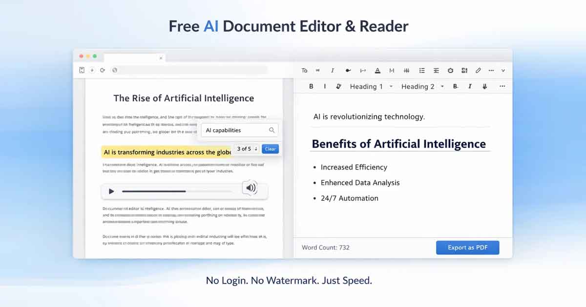 Free AI document editor and reader working in browser without login
