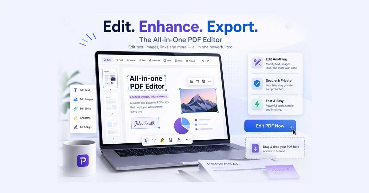 Dashboard for free AI document generator showing PDF editing tools, secure privacy features, and instant export workflow.