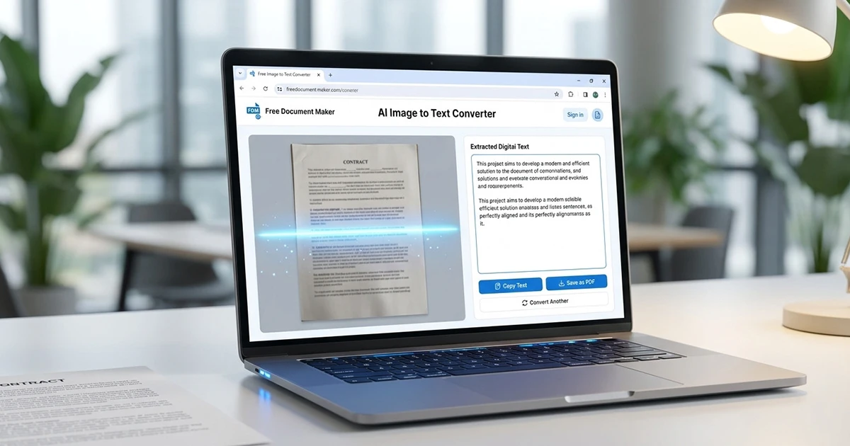 Free AI Image to Text converter interface on a laptop showing a scanned document being converted into digital text online