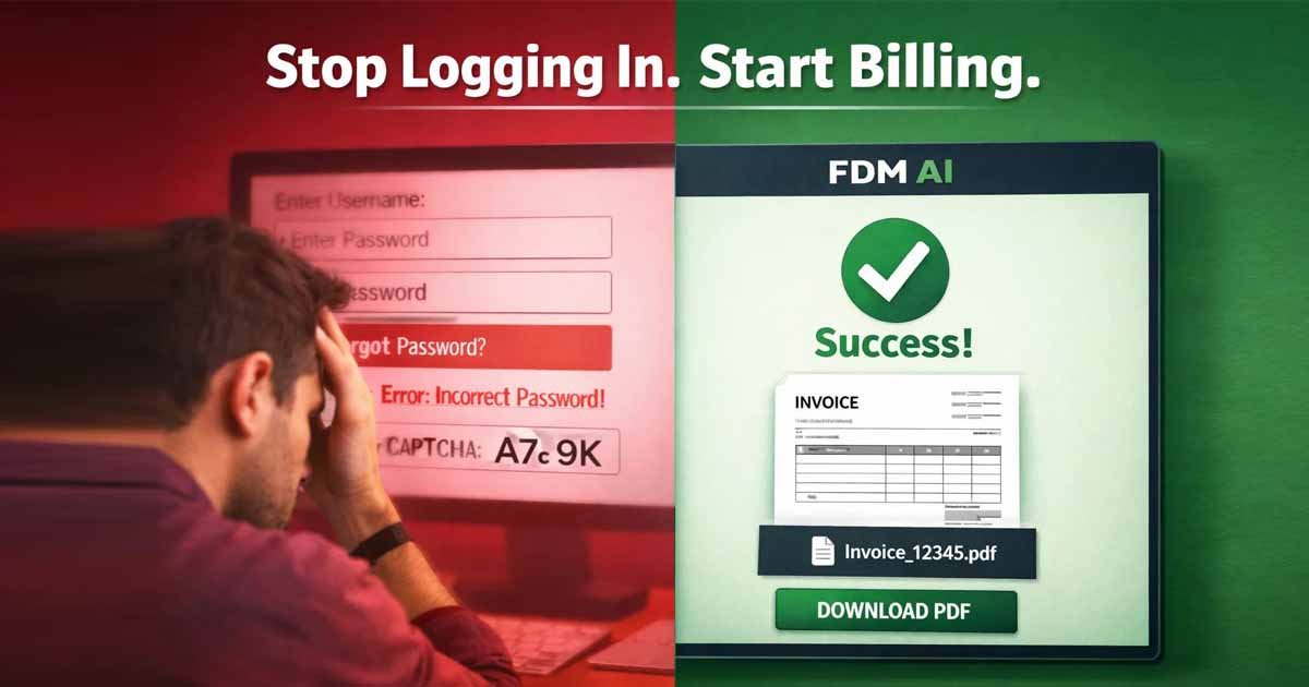 Interface of the Free AI Invoice Generator by FDM AI showing professional PDF document creation with no login required.