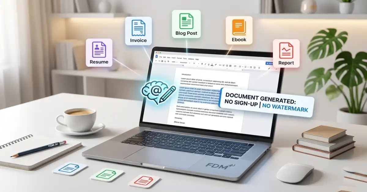 A laptop screen displaying an AI writing tool generating documents with floating icons for Resume, Invoice, Blog Post, Ebook, and Report, with a prominent badge reading "Document Generated: No Sign-Up | No Watermark".