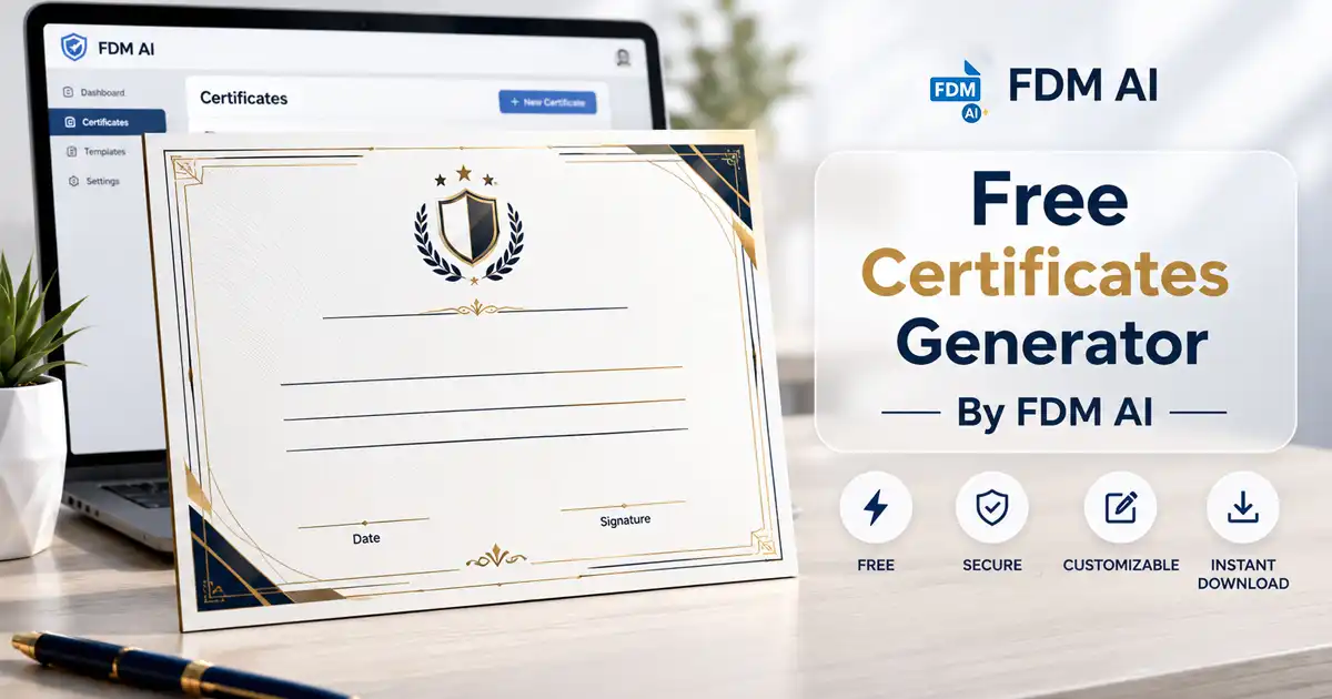 Free online certificate generator 2026 By FDM AI – design and download professional certificates without signup, watermark, or software.