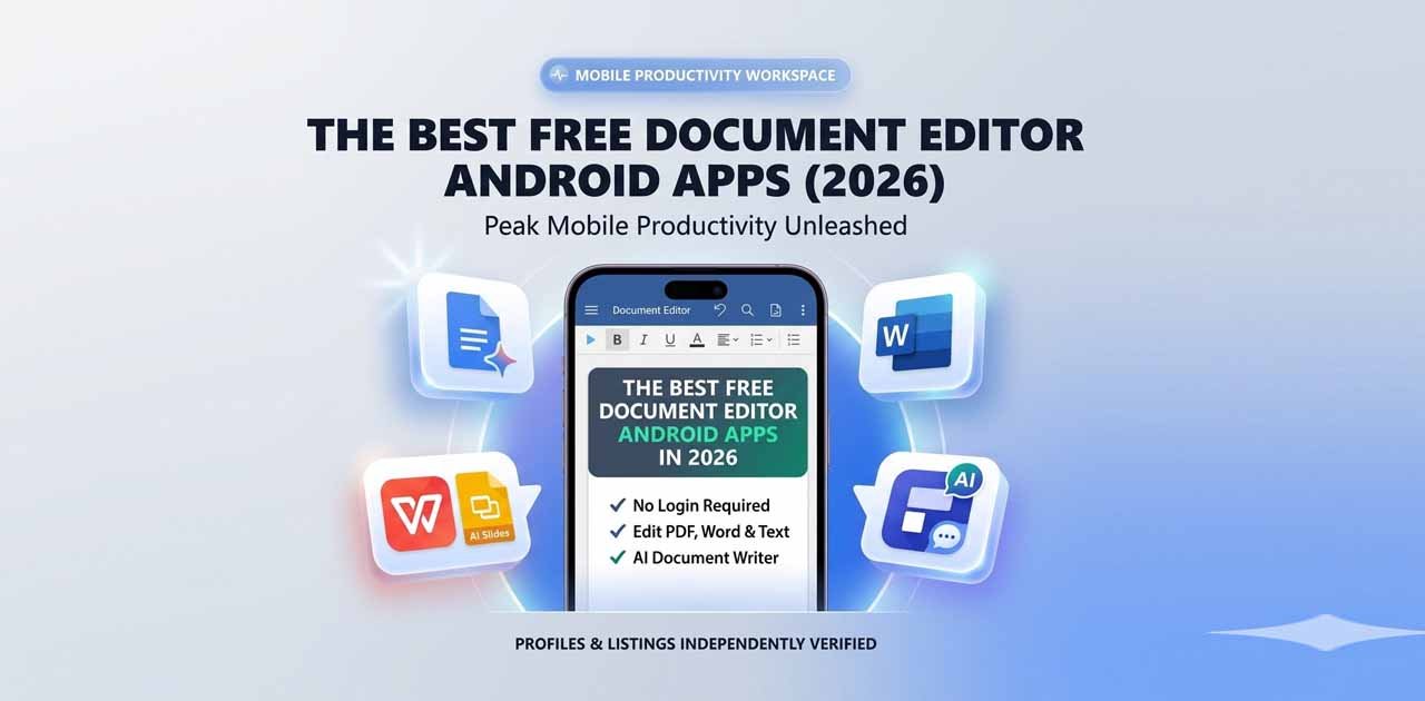 A comparison of the best free document editor Android apps in 2026, featuring the FDM AI Document Editor alongside Google Docs, Microsoft Word, and WPS Office.