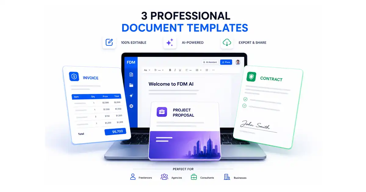 FDM AI platform interface display featuring professional templates for invoices, project proposals, and contracts on a laptop screen.