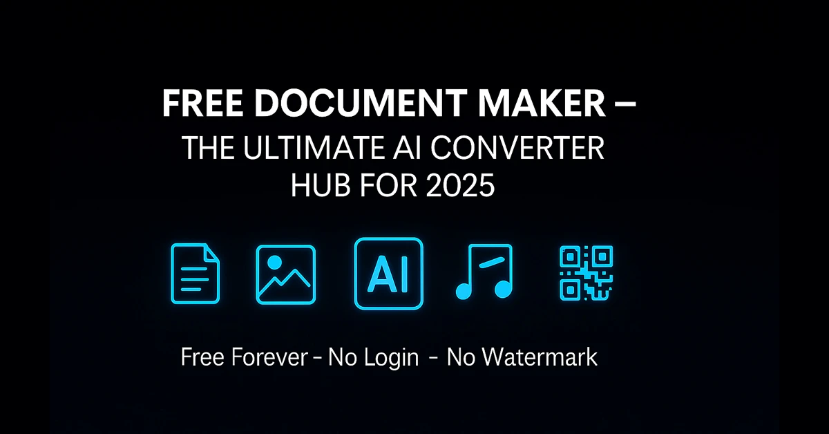 Free Document Maker — The Ultimate AI Converter Hub for 2025 featuring glowing blue icons for document, image, AI, audio, and QR code on a dark modern background with the tagline Free Forever – No Login – No Watermark.