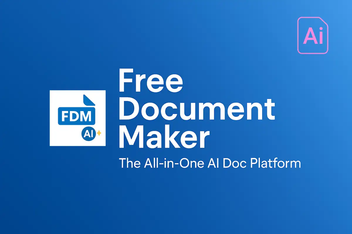 Free Document Maker logo and tagline on a blue background — The All-in-One AI Doc Platform for generating PDFs, images, and smart business documents.