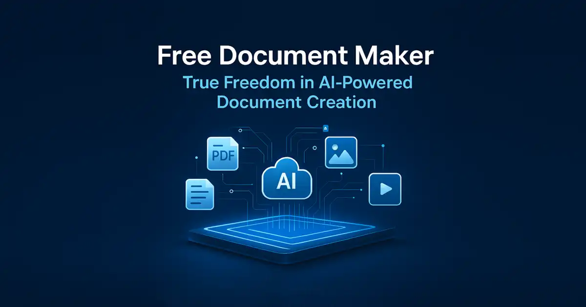 Free Document Maker – AI-powered platform illustration showing glowing AI cloud connected to PDF, document, image, and video icons, representing 30+ free online tools for creating, editing, and converting documents without login or watermark.