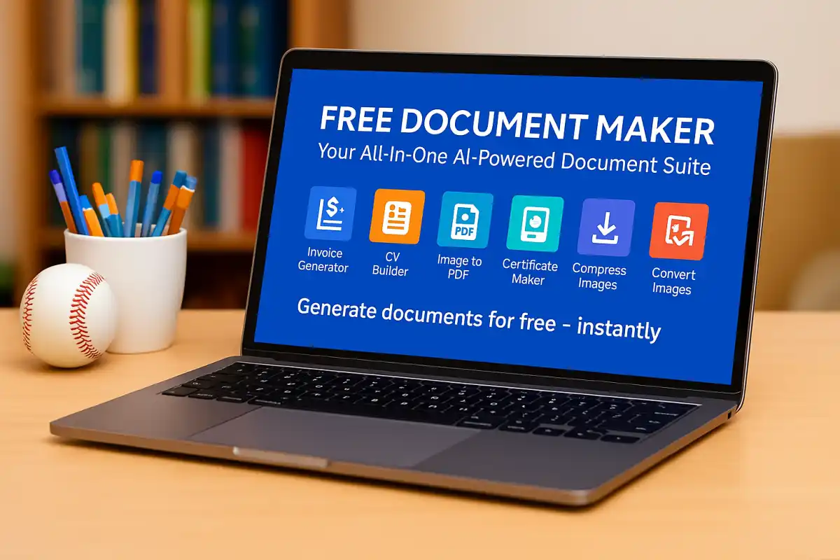 Laptop screen displaying Free Document Maker's AI-powered tools including Invoice Generator, CV Builder, Image to PDF, Certificate Maker, and Image Converter – 100% free, no signup required.
