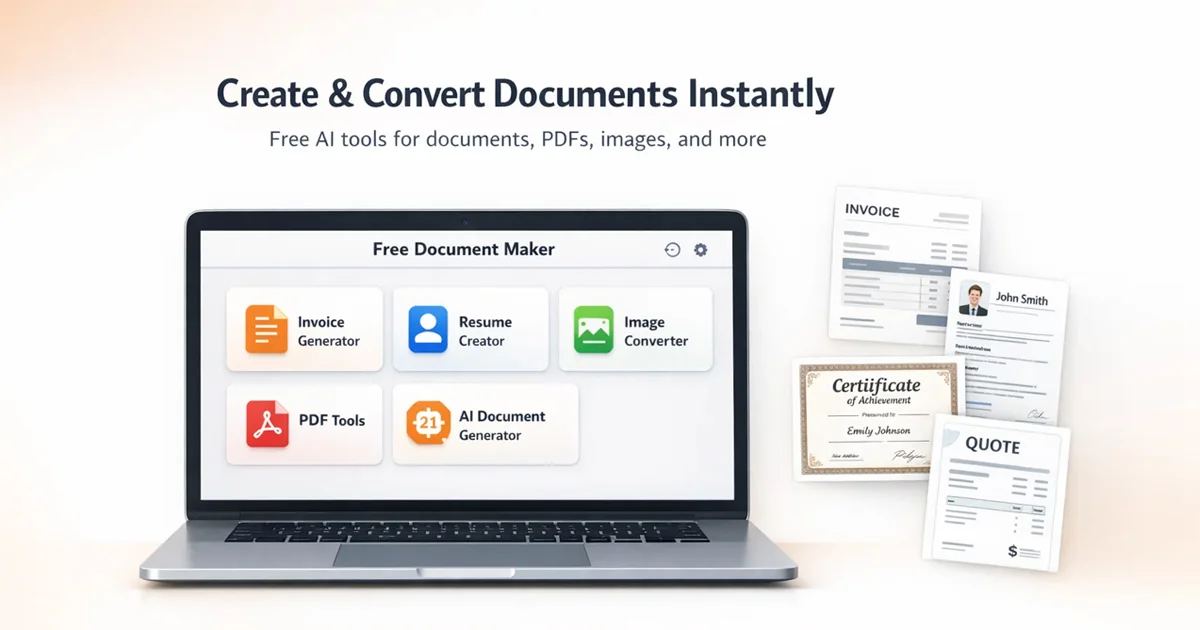 Free Document Maker dashboard with AI tools for creating invoices resumes and converting files