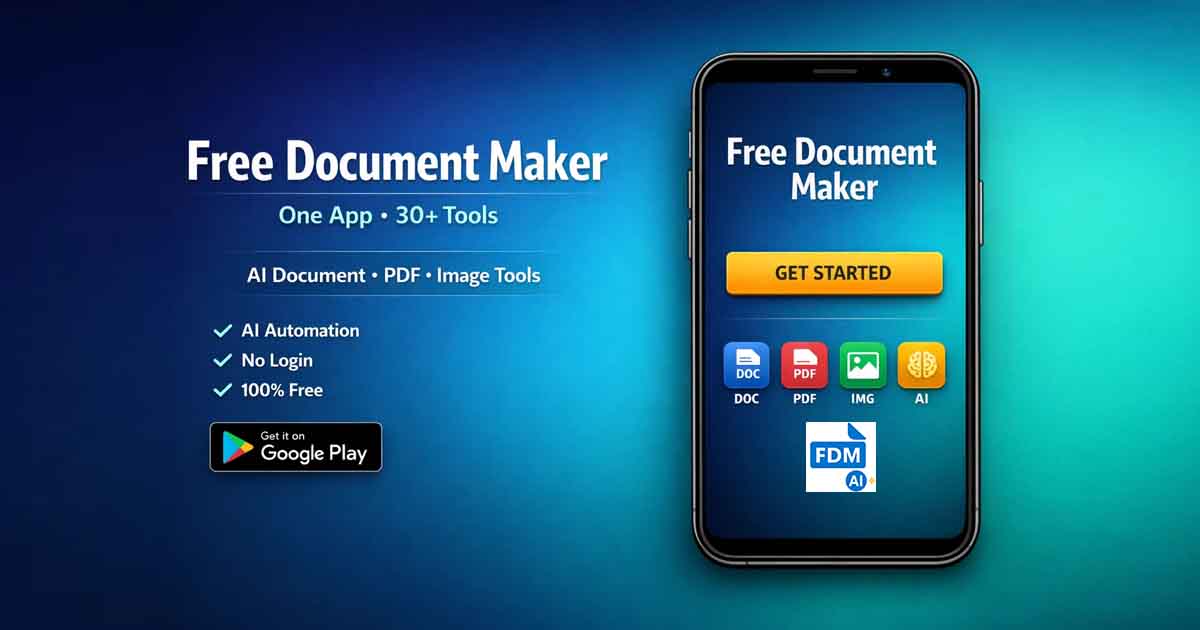 Free Document Maker app on Google Play showing one app 30 plus tools for documents PDF and image conversion on mobile