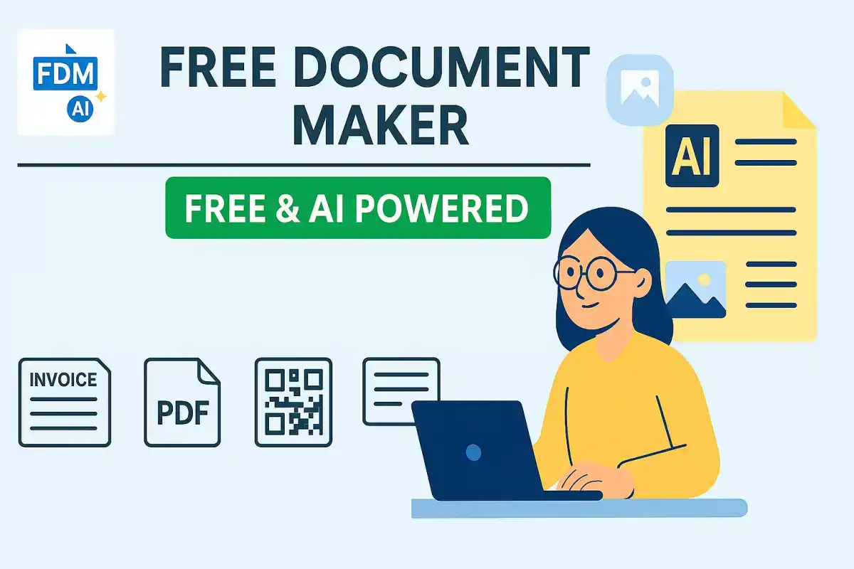 Free Document Maker promotional graphic showcasing AI-powered document creation tools for 2025. A woman uses a laptop surrounded by icons for invoice, PDF, QR code, and certificate. The layout includes the FDM AI logo