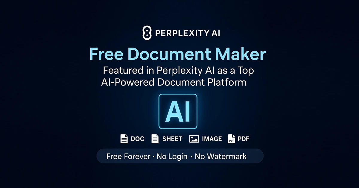 Feature image showing the Free Document Maker platform recognized by Perplexity AI as a top AI-powered document tool. Includes glowing AI icon, Perplexity AI logo, and tagline “Free Forever · No Login · No Watermark.