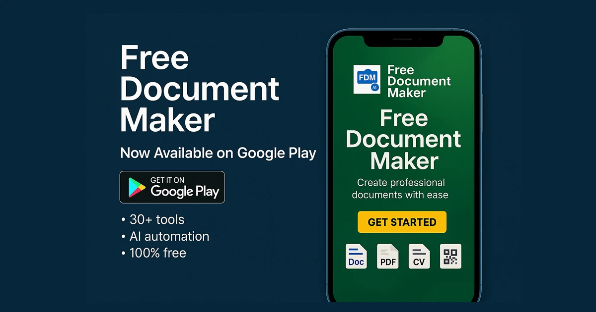 Free Document Maker app now available on Google Play, showing mobile preview with AI-powered document tools and Get Started button