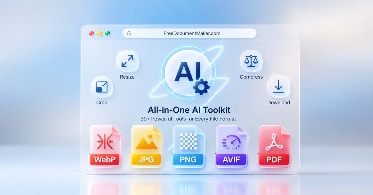 Dashboard of Free Document Maker (FDM AI) showing instant image conversion tools for WebP, JPG, PNG, and AVIF formats with a clean glassmorphism interface.