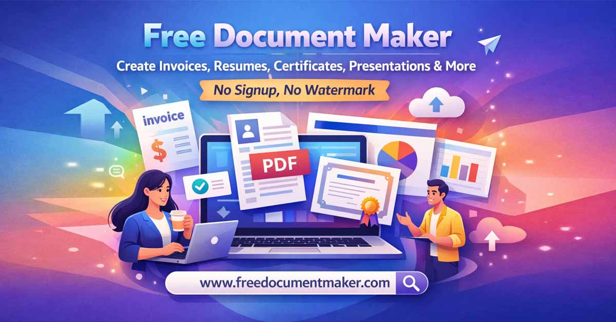 Free Document Maker AI platform for creating invoices, resumes, certificates, and PDFs online without signup or watermark