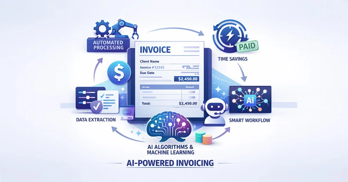 Illustration showing AI-powered technology generating a professional invoice digitally, symbolizing automation, efficiency, and smart invoicing solutions.