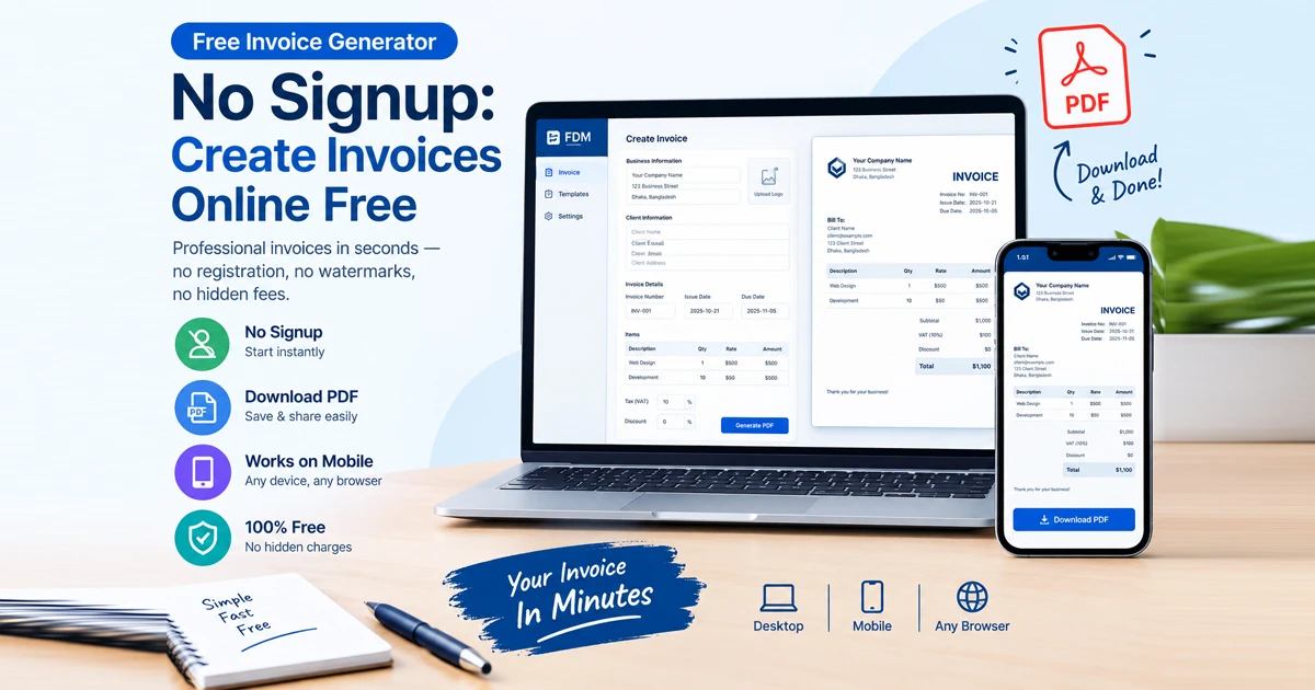 Free invoice generator no signup interface on desktop and mobile showing instant PDF creation features