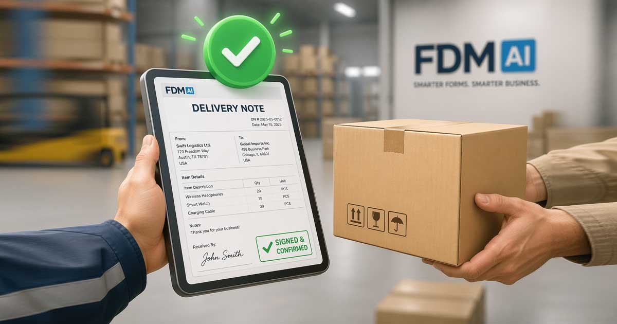 Interface and PDF preview of the Free Online Delivery Note Maker by fdm ai