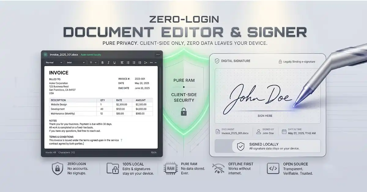 FDM AI browser-native document editor and electronic signature preview in a modern light theme layout.