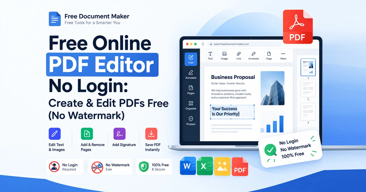 Free online PDF editor no login required featuring document editing preview and feature badges by Free Document Maker