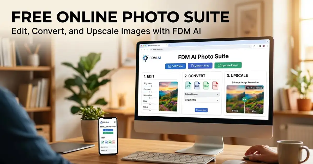 FDM AI Photo Suite web application open on a computer screen.