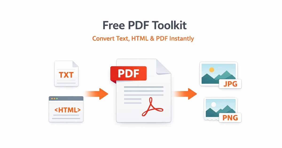 Free PDF toolkit converting text and HTML to PDF and PDF to JPG PNG images online