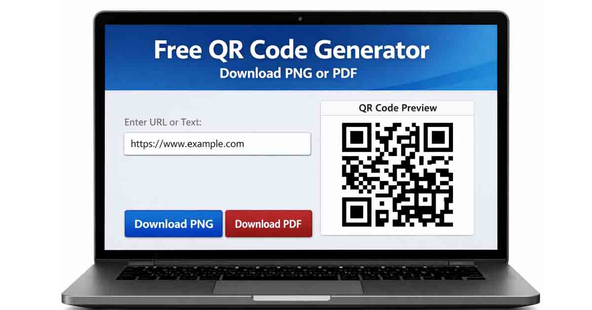 Illustration of a QR code being generated on a laptop and downloaded as PDF or PNG free document maker