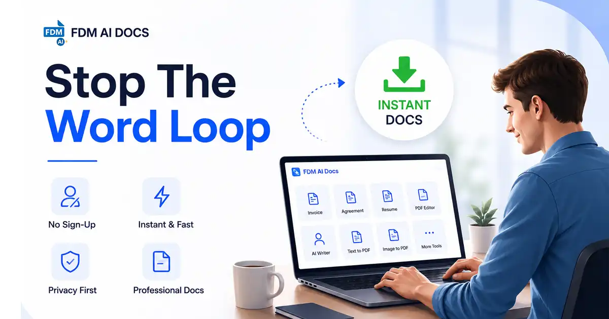 FDM AI Docs feature graphic showcasing browser-based, watermark-free document tools like AI Writer and PDF converters with a no login requirement.