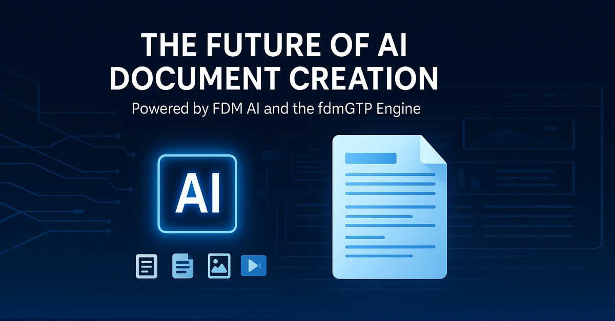 Futuristic digital illustration showing AI-powered document creation, featuring glowing “AI” icon and smart document interface representing FDM AI and fdmGTP engine