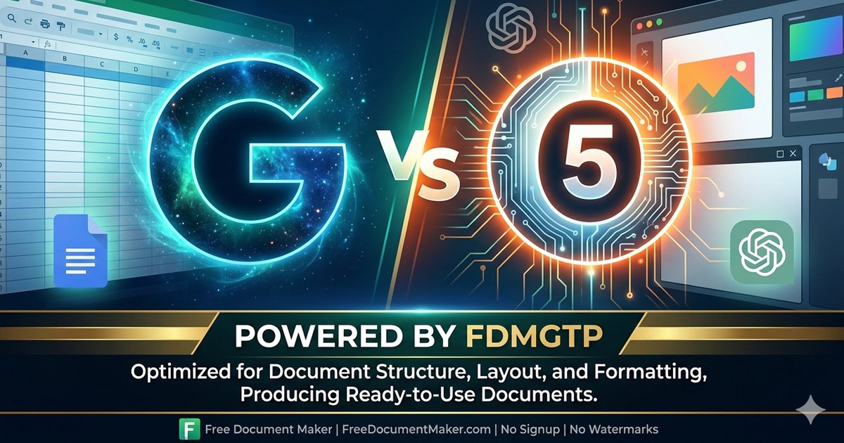 Gemini 3 vs GPT-5 AI document generation comparison infographic powered by fdmGTP browser-native engine for ready-to-use PDFs