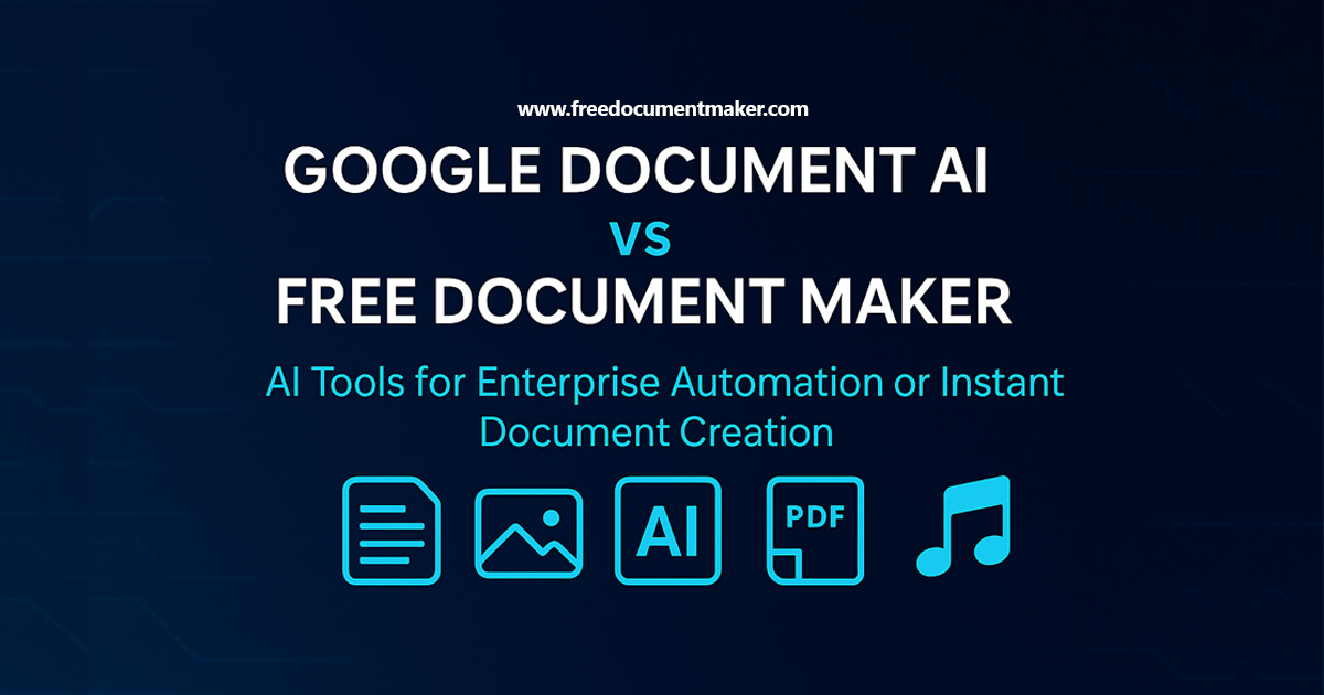 Comparison graphic showing Google Document AI and Free Document Maker, highlighting the difference between enterprise automation and free browser-based document tools.