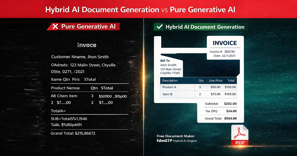 hybrid ai document generation vs pure generative ai invoice example showing structured document templates