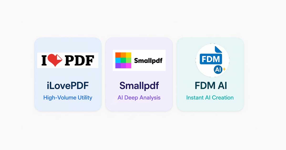 Comparison of iLovePDF, Smallpdf, and FDM AI PDF tools highlighting batch utility, AI analysis, and generative drafting.