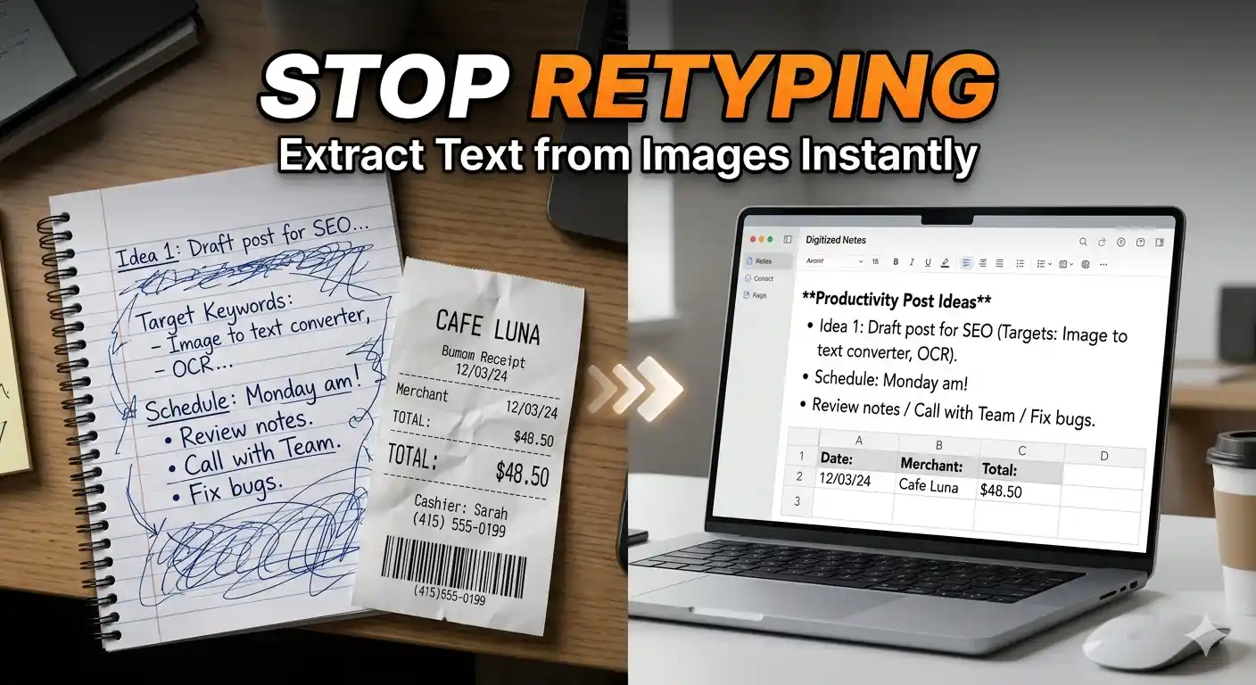 Split-screen showing handwritten notes and a receipt converted into digital text on a laptop.