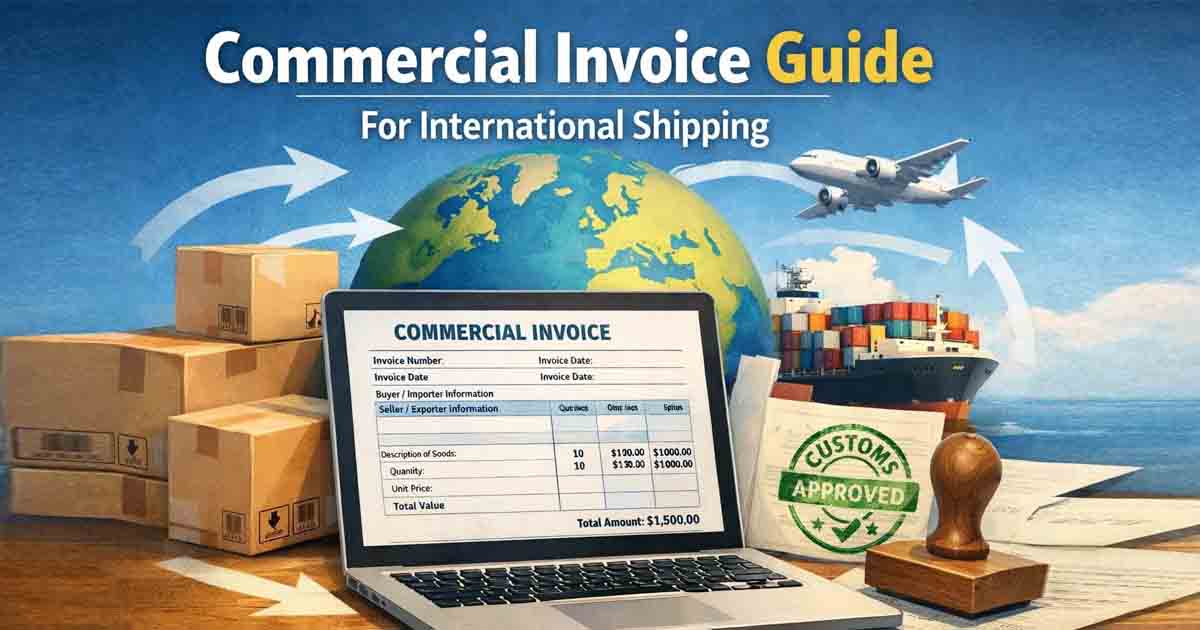 International shipping commercial invoice document showing exporter importer details HS code and customs information