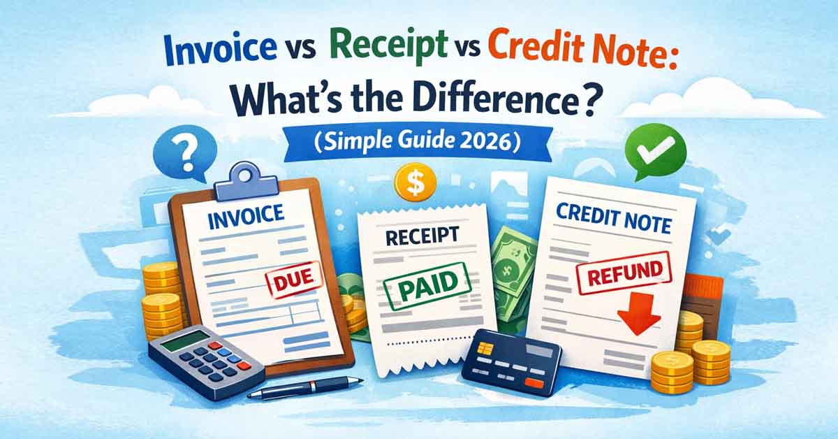 Invoice vs receipt vs credit note explained with due, paid, and refund examples